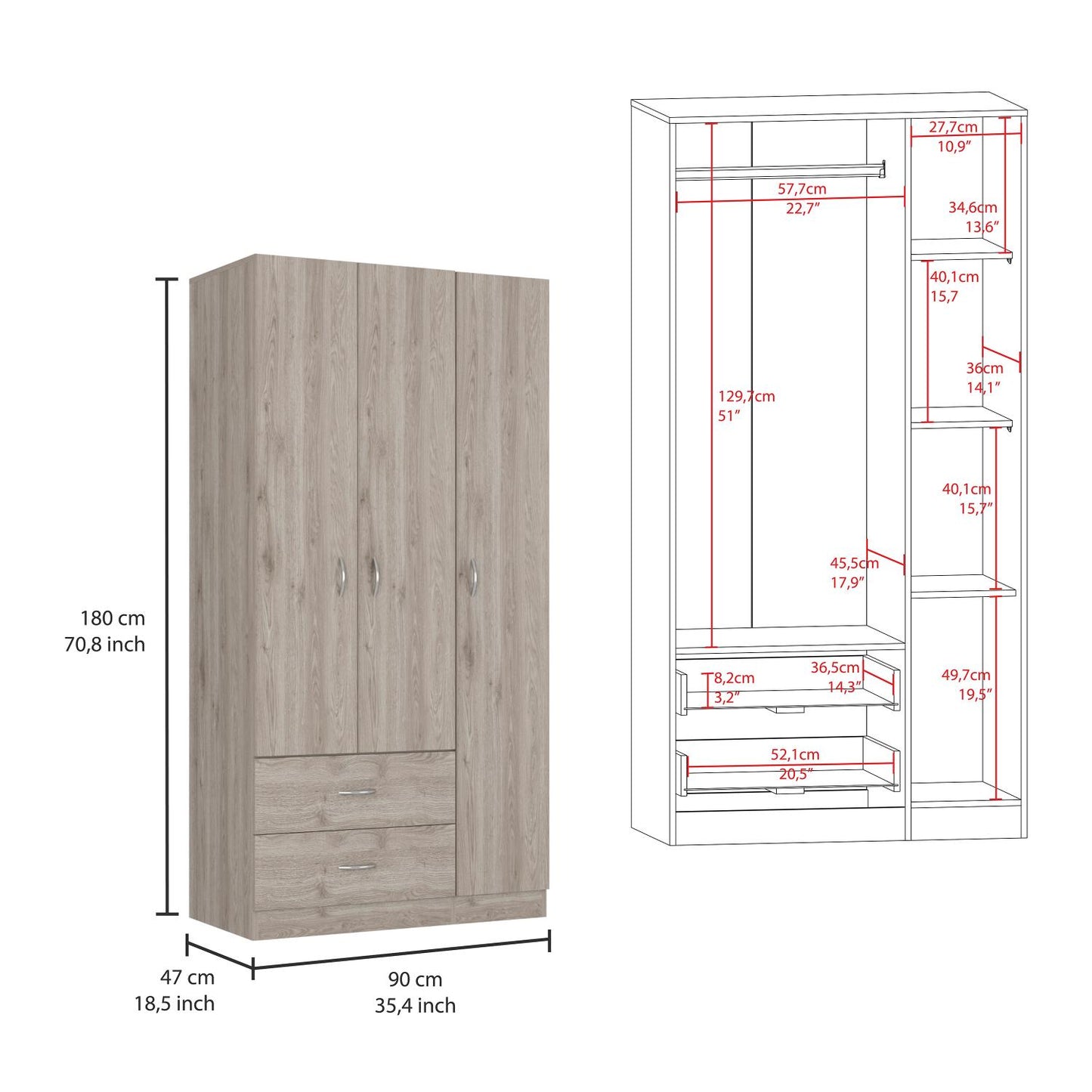 Austral 3 Doors Armoire, Metal Rod, Two Drawers, Single Door, Double Door Cabinets
