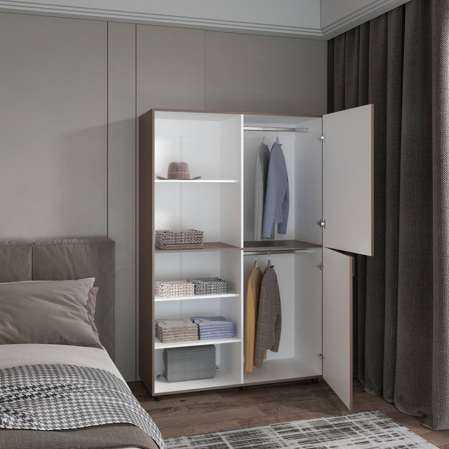 Eco High One Door Freestanding Armoire With Hanging Rod And Interior Shelves, Compact Bedroom Wardrobe