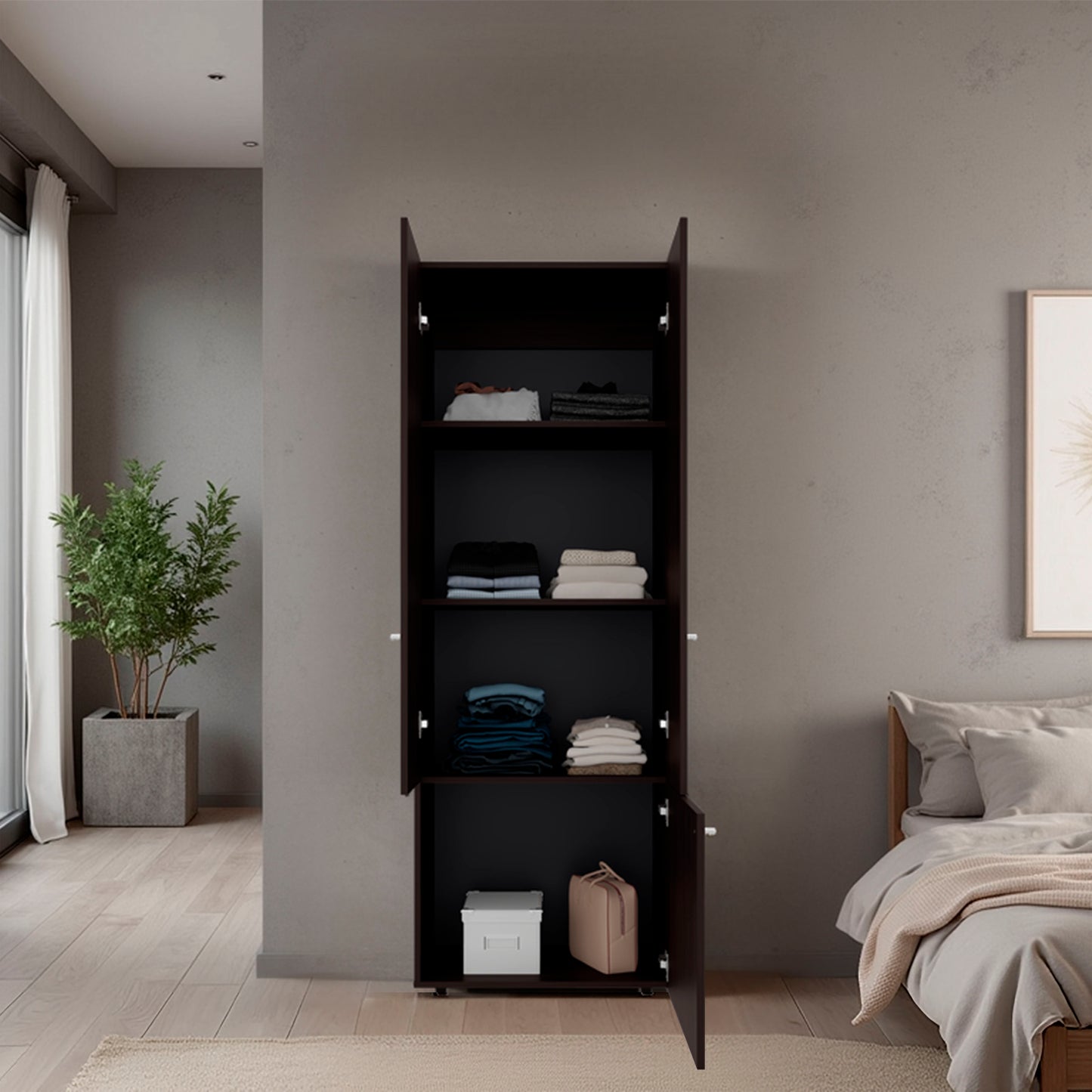 Home 3 Door Closet System with Hanging Rod for clothes and interior Shelves, Manufactured Wood Freestanding Bedroom Storage, Utility Room or Laundry Room Furniture