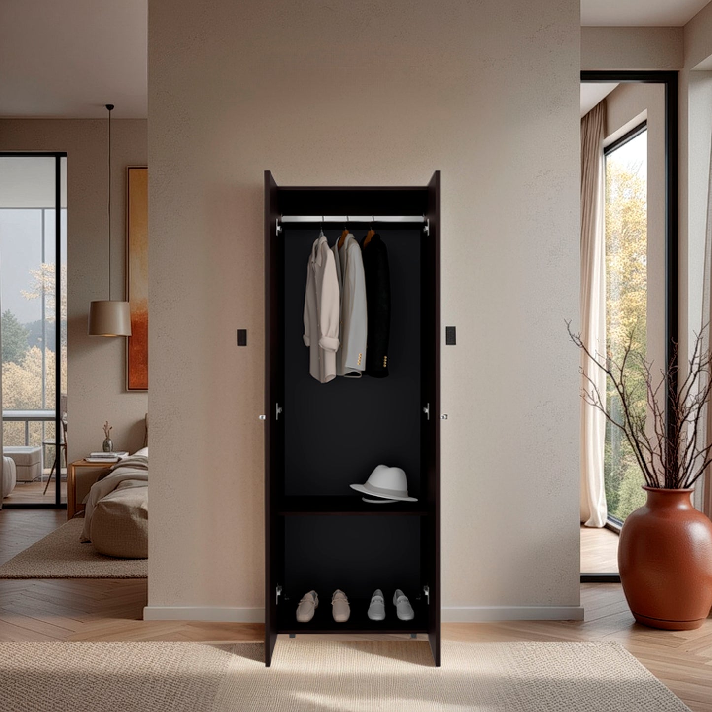 Home 2 Doors Closet System Armoire, Hanging Rod and Storage Shelf, Modern Armoire for Bedroom Organization Storage
