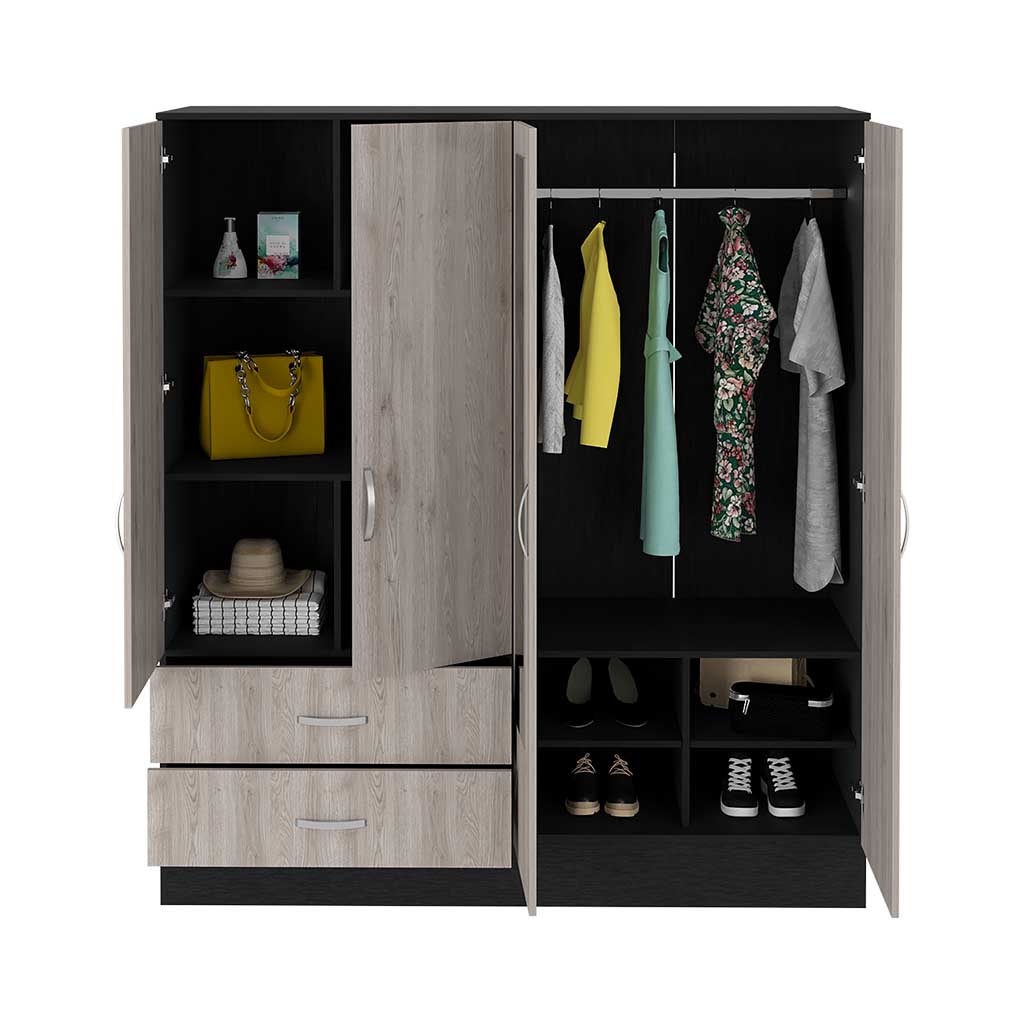 Bolton 160 Armoire, Six Shelves, Two Double Door Cabinets, Two Mirrors, Two Drawers, Rod