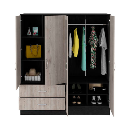 Bolton 160 Armoire, Six Shelves, Two Double Door Cabinets, Two Mirrors, Two Drawers, Rod