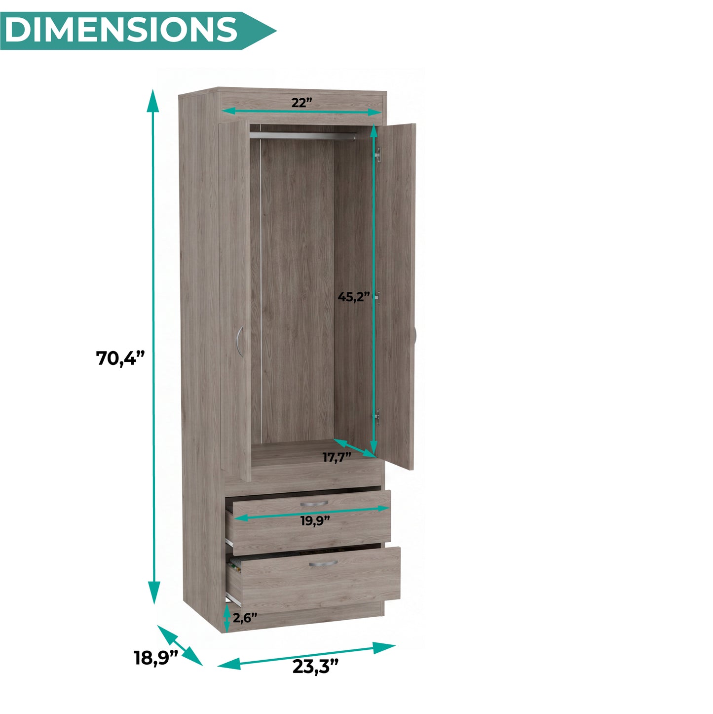 TUHOME Lisboa 2-Door Armoire with Double Door Storage, Two Spacious Drawers, Concealed Hanging Rod and Vertical Freestanding Wardrobe for Bedroom, Living Room, Kitchen or Garage Organization