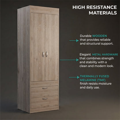 TUHOME Lisboa 2-Door Armoire with Double Door Storage, Two Spacious Drawers, Concealed Hanging Rod and Vertical Freestanding Wardrobe for Bedroom, Living Room, Kitchen or Garage Organization