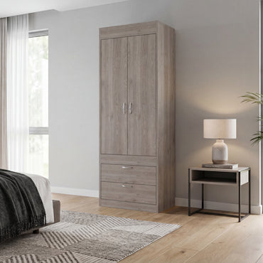 TUHOME Lisboa 2-Door Armoire with Double Door Storage, Two Spacious Drawers, Concealed Hanging Rod and Vertical Freestanding Wardrobe for Bedroom, Living Room, Kitchen or Garage Organization