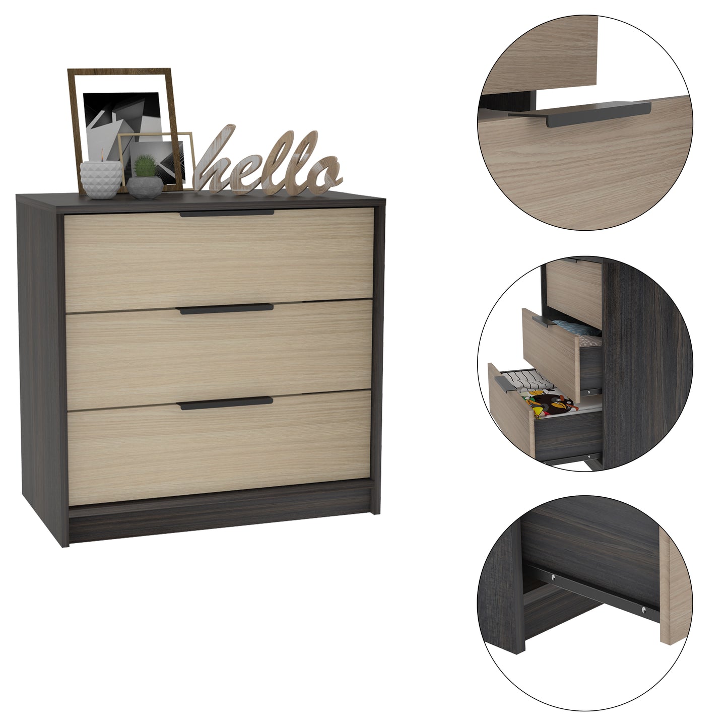 Tuhome Kaia 3 Drawers Dresser with Spacious Storage, Modern Superior Top for Décor, Functional Bedroom Organizer for Clothing and Essentials, Contemporary Space-Saving Furniture with Smooth Metal Hardware
