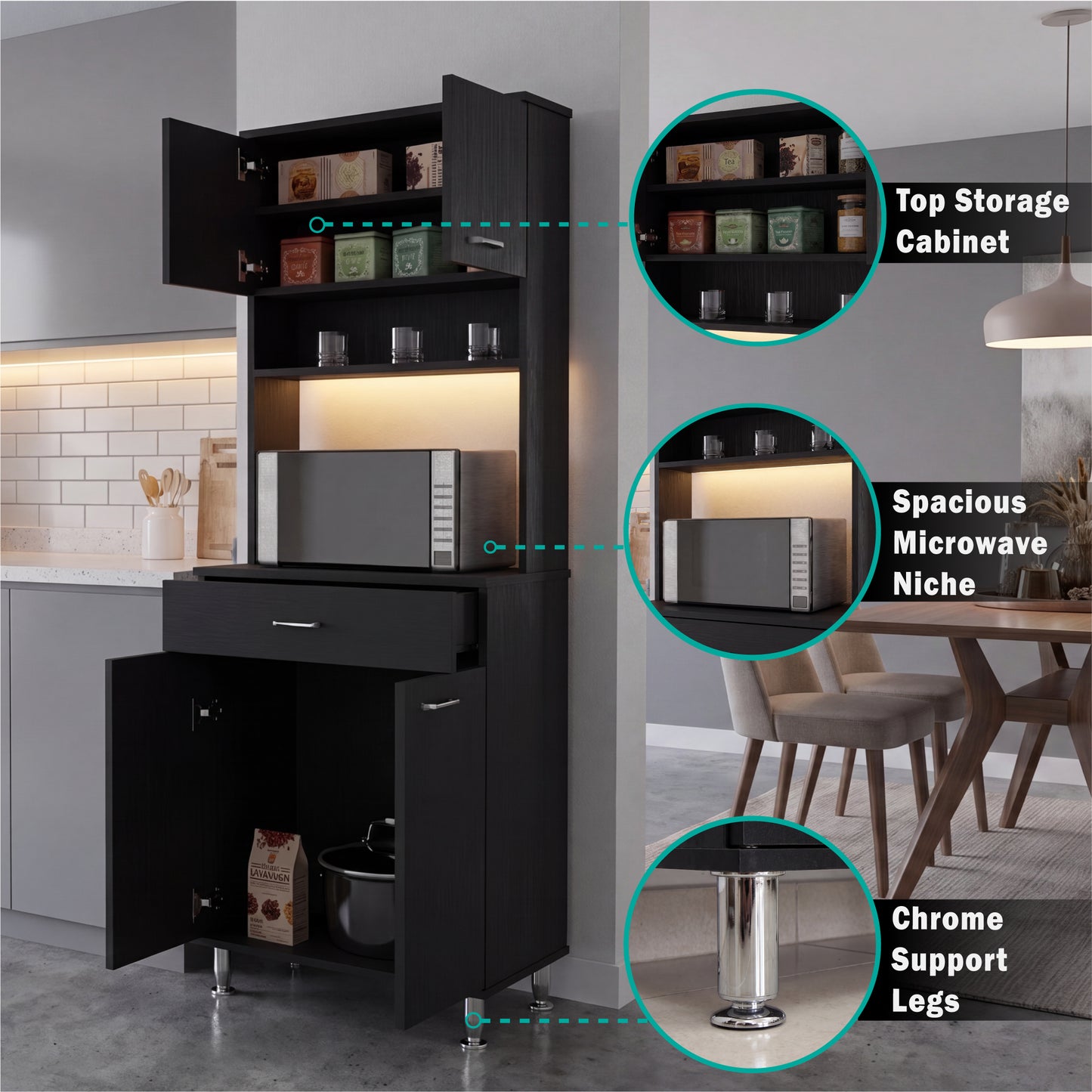 Tuhome Santoro 60 Pantry Cabinet with Double Doors, Five Adjustable Shelves, Modern Storage Solution for Kitchen, Dining Room, or Utility Rooms