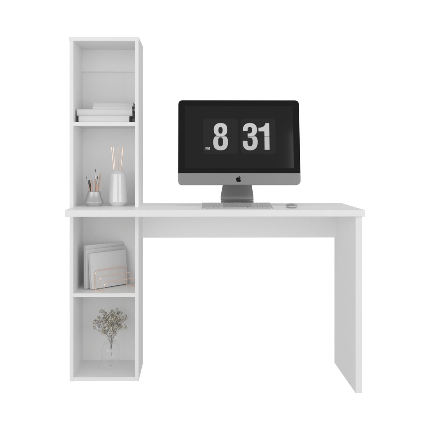 Aston Modern Computer Desk with Integrated Booshelf with Multi-Tier Open Shelves
