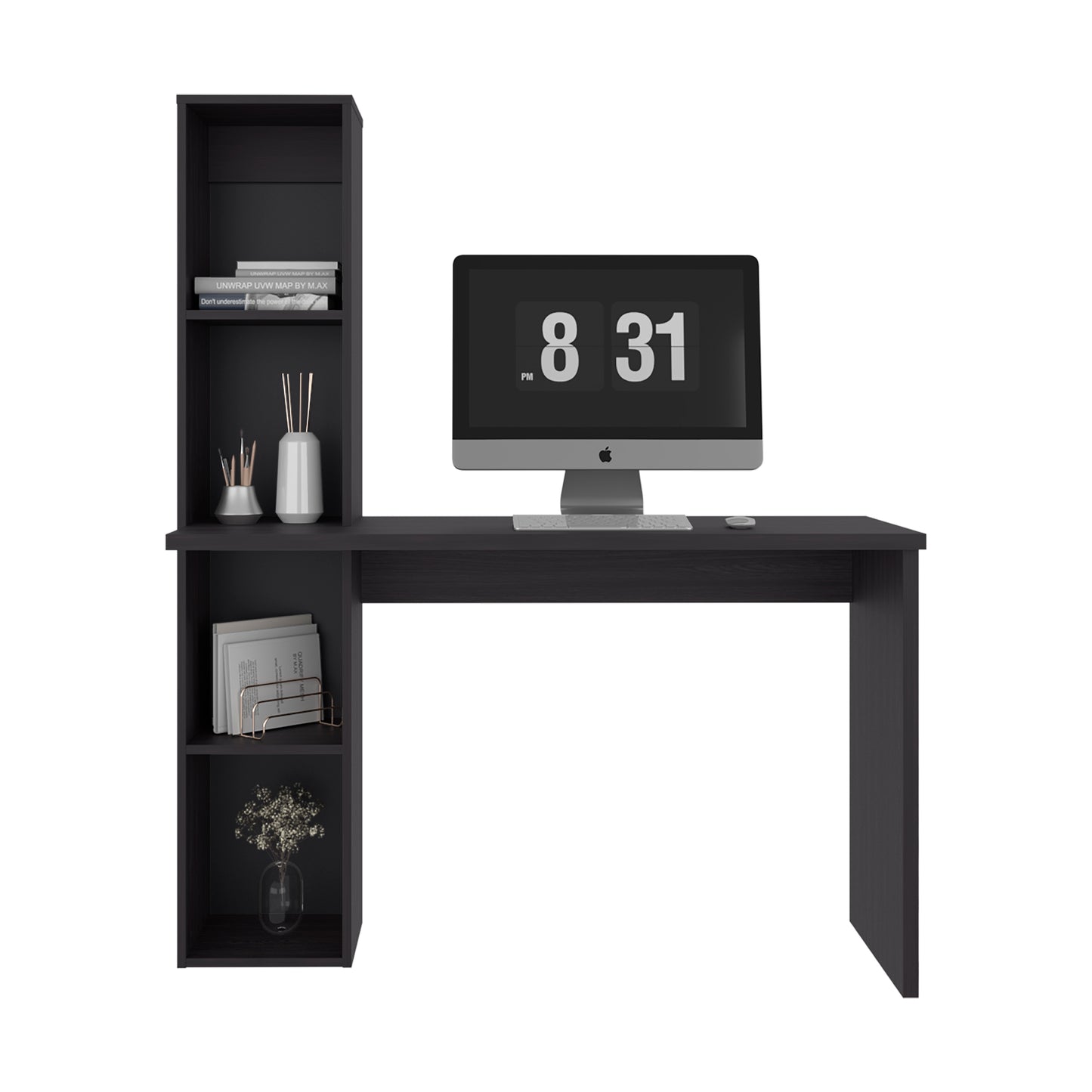 Aston Modern Computer Desk with Integrated Booshelf with Multi-Tier Open Shelves