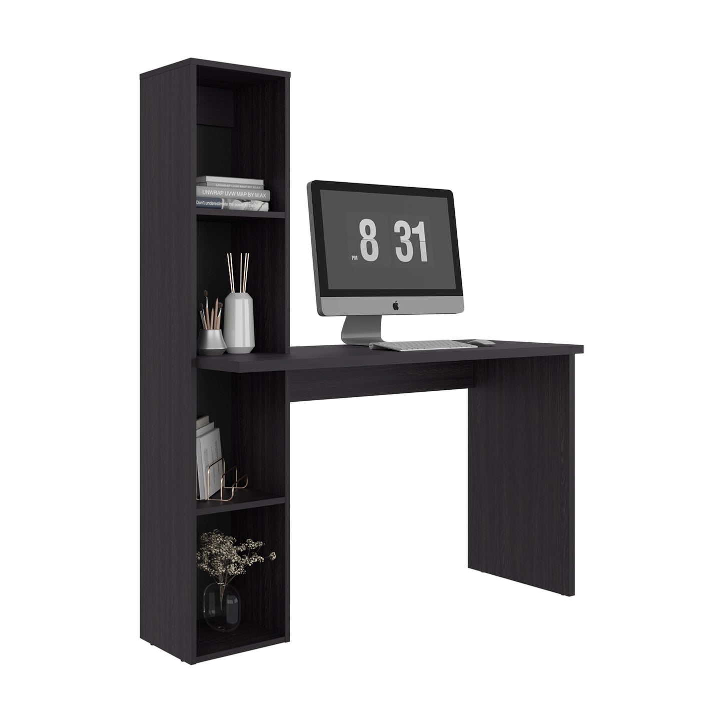 Aston Modern Computer Desk with Integrated Booshelf with Multi-Tier Open Shelves