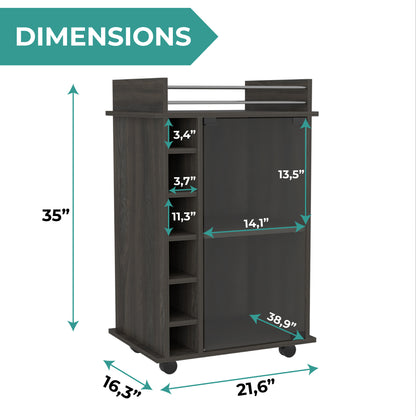 Tuhome Dukat Bar Cart with Two Shelves, Six Built-In Wine Racks, Four Casters, Modern Storage Solution for Kitchen or Dining Room