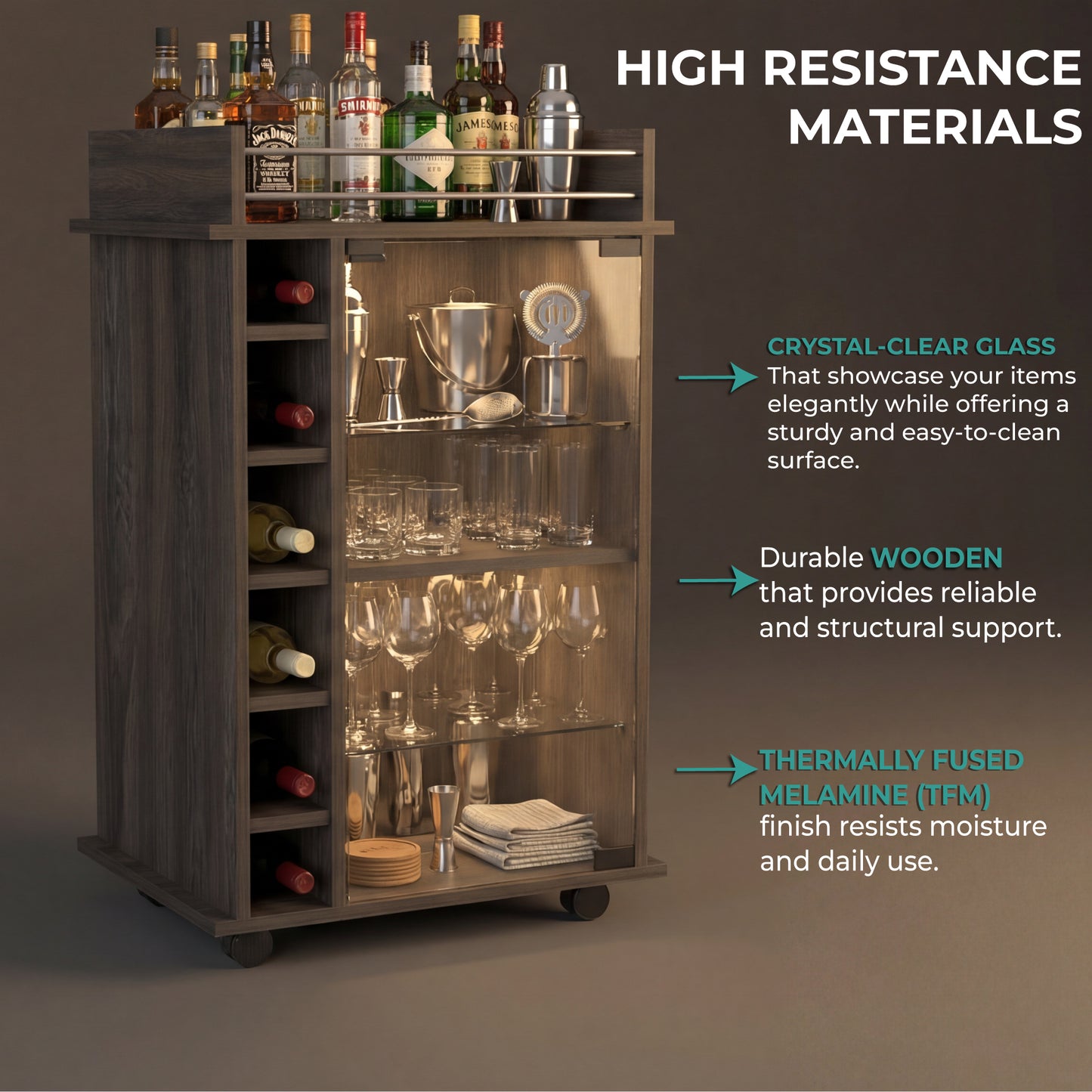Tuhome Dukat Bar Cart with Two Shelves, Six Built-In Wine Racks, Four Casters, Modern Storage Solution for Kitchen or Dining Room