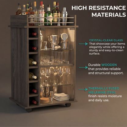 Tuhome Dukat Bar Cart with Two Shelves, Six Built-In Wine Racks, Four Casters, Modern Storage Solution for Kitchen or Dining Room