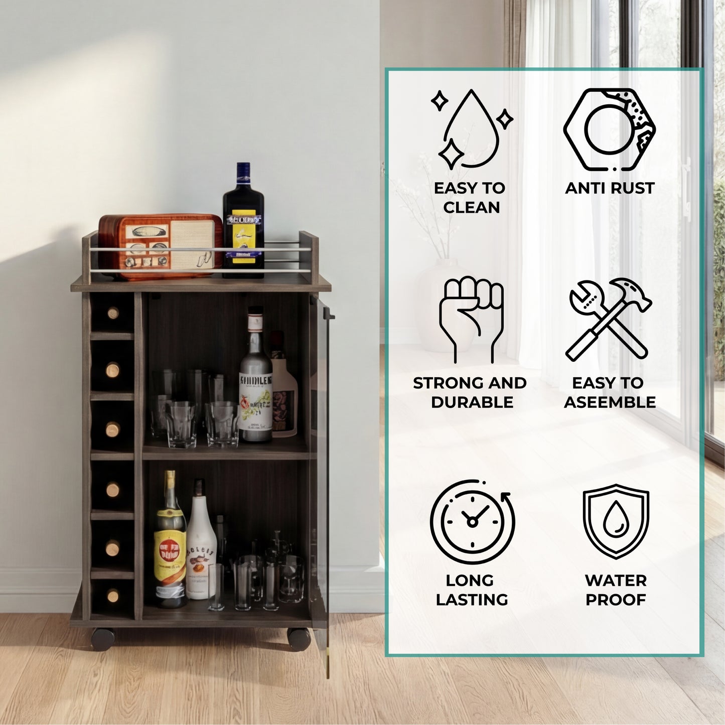 Tuhome Dukat Bar Cart with Two Shelves, Six Built-In Wine Racks, Four Casters, Modern Storage Solution for Kitchen or Dining Room
