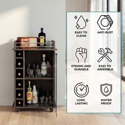 Tuhome Dukat Bar Cart with Two Shelves, Six Built-In Wine Racks, Four Casters, Modern Storage Solution for Kitchen or Dining Room