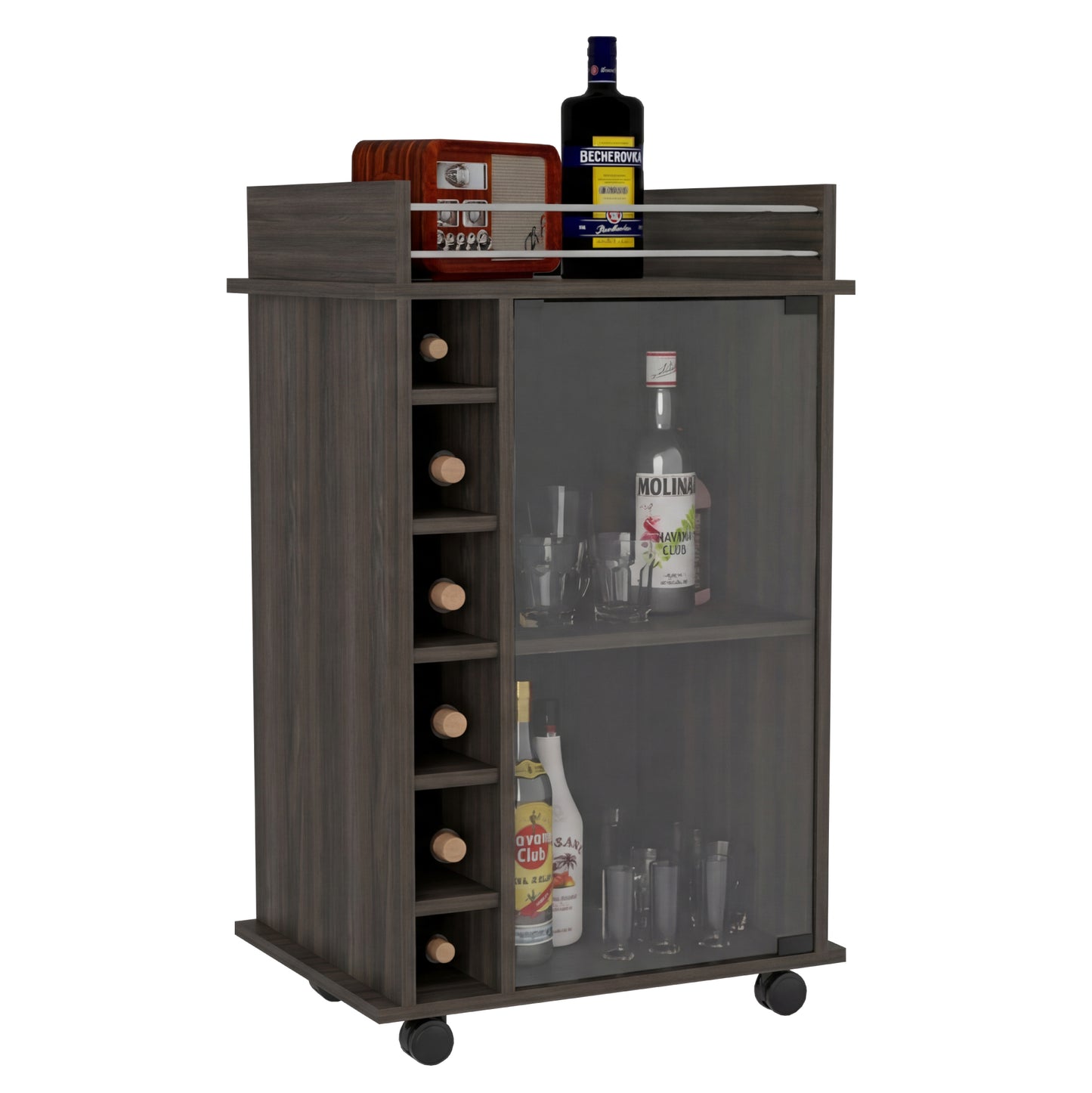 Tuhome Dukat Bar Cart with Two Shelves, Six Built-In Wine Racks, Four Casters, Modern Storage Solution for Kitchen or Dining Room
