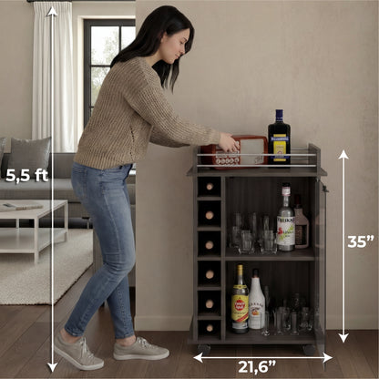 Tuhome Dukat Bar Cart with Two Shelves, Six Built-In Wine Racks, Four Casters, Modern Storage Solution for Kitchen or Dining Room