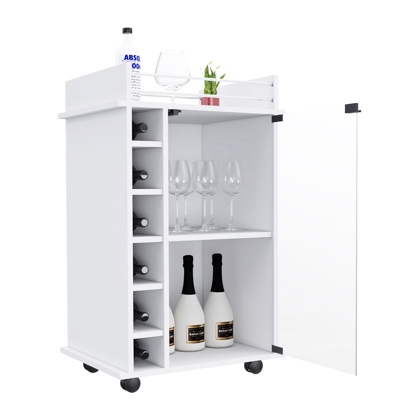 Tuhome Dukat Bar Cart with Two Shelves, Six Built-In Wine Racks, Four Casters, Modern Storage Solution for Kitchen or Dining Room