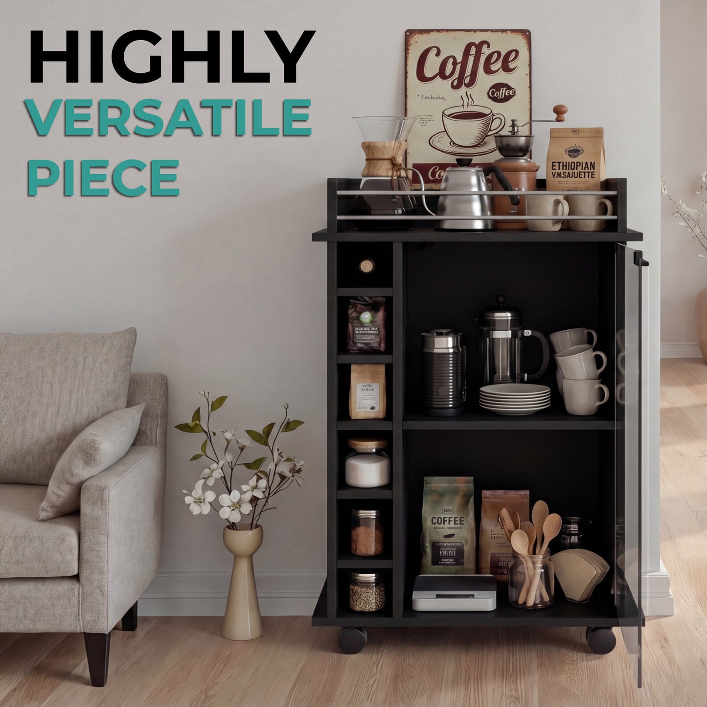 Tuhome Dukat Bar Cart with Two Shelves, Six Built-In Wine Racks, Four Casters, Modern Storage Solution for Kitchen or Dining Room