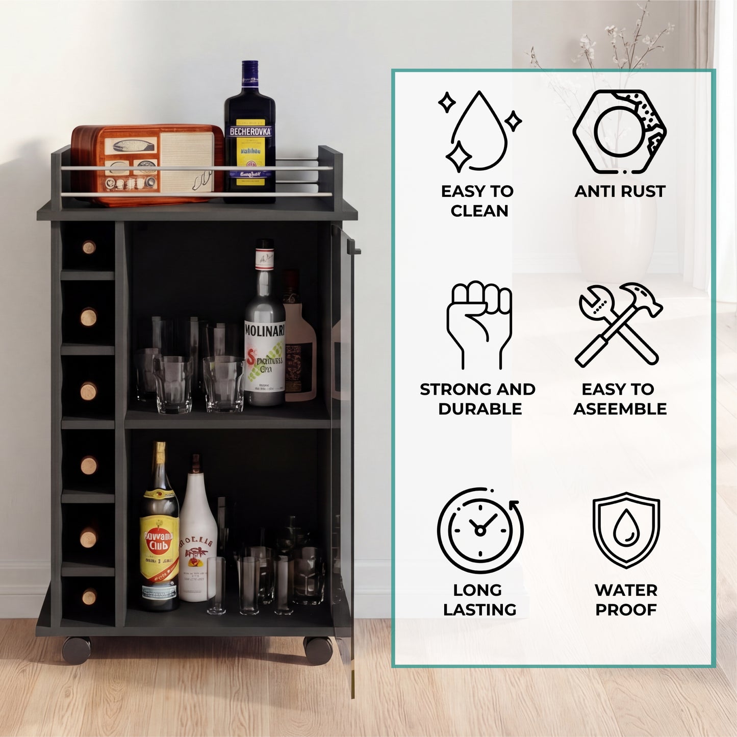 Tuhome Dukat Bar Cart with Two Shelves, Six Built-In Wine Racks, Four Casters, Modern Storage Solution for Kitchen or Dining Room