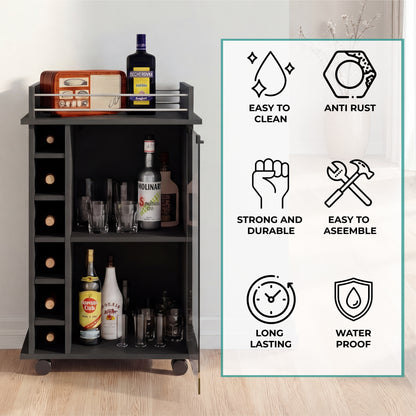 Tuhome Dukat Bar Cart with Two Shelves, Six Built-In Wine Racks, Four Casters, Modern Storage Solution for Kitchen or Dining Room