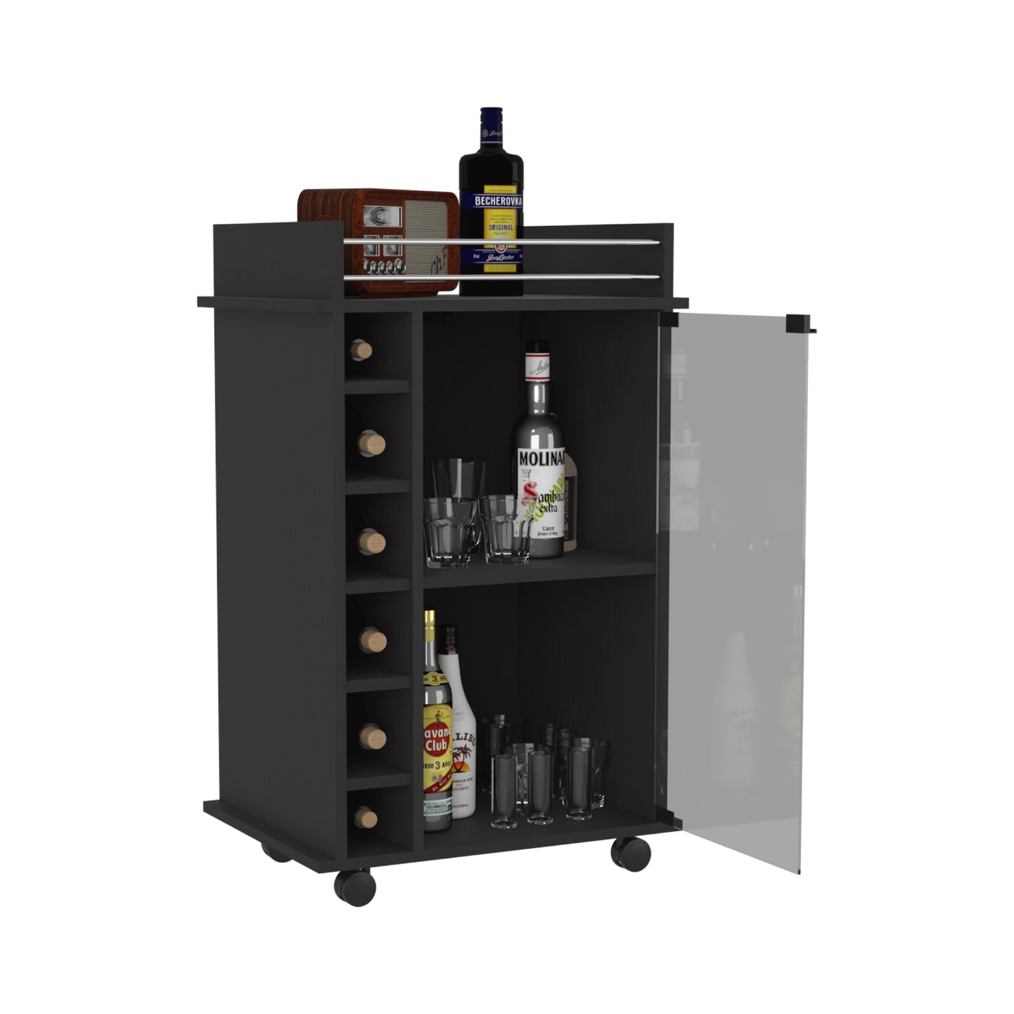 Tuhome Dukat Bar Cart with Two Shelves, Six Built-In Wine Racks, Four Casters, Modern Storage Solution for Kitchen or Dining Room