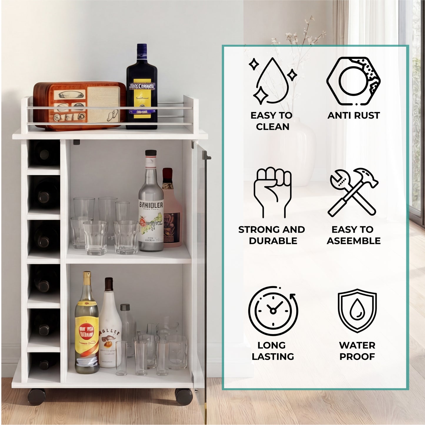 Tuhome Dukat Bar Cart with Two Shelves, Six Built-In Wine Racks, Four Casters, Modern Storage Solution for Kitchen or Dining Room