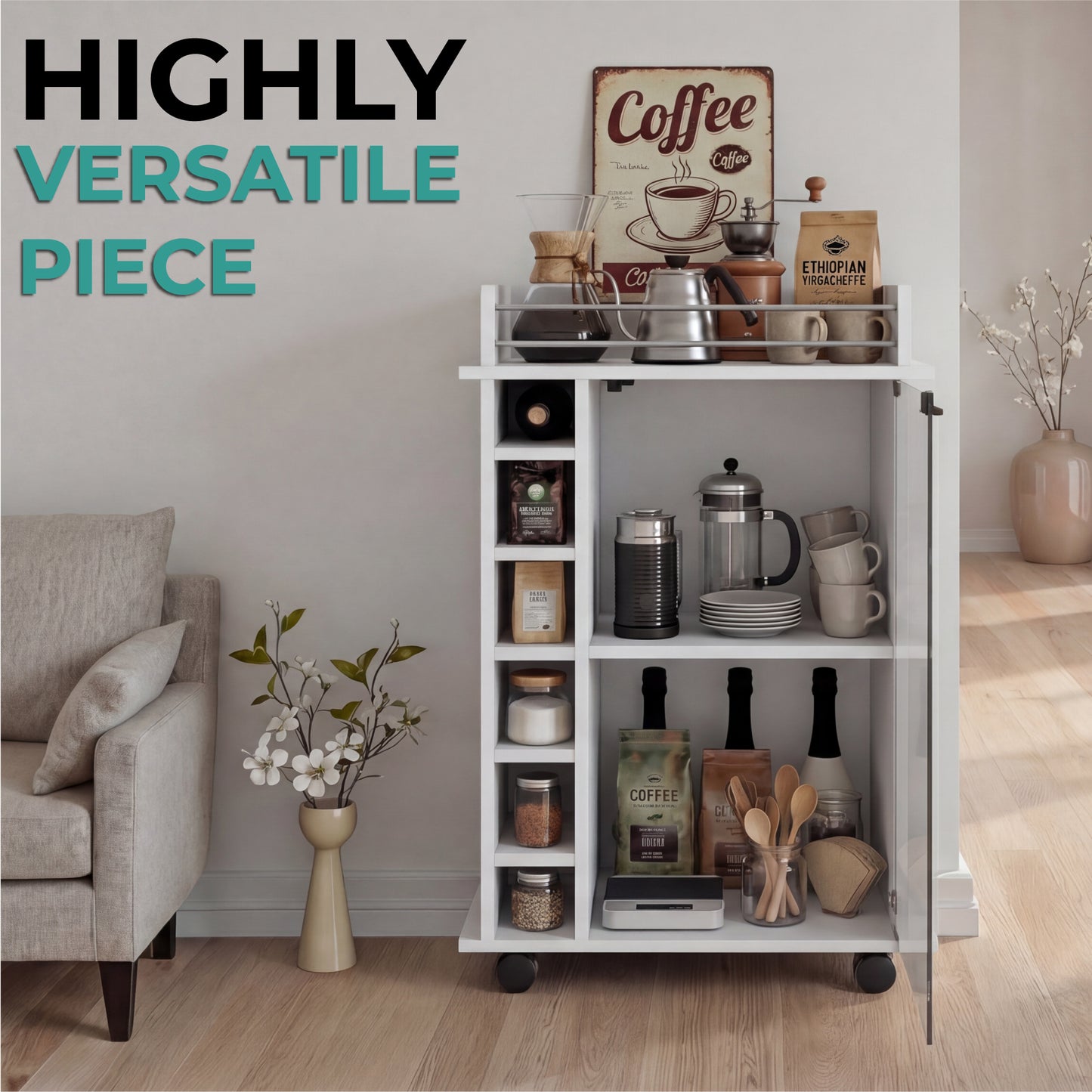Tuhome Dukat Bar Cart with Two Shelves, Six Built-In Wine Racks, Four Casters, Modern Storage Solution for Kitchen or Dining Room
