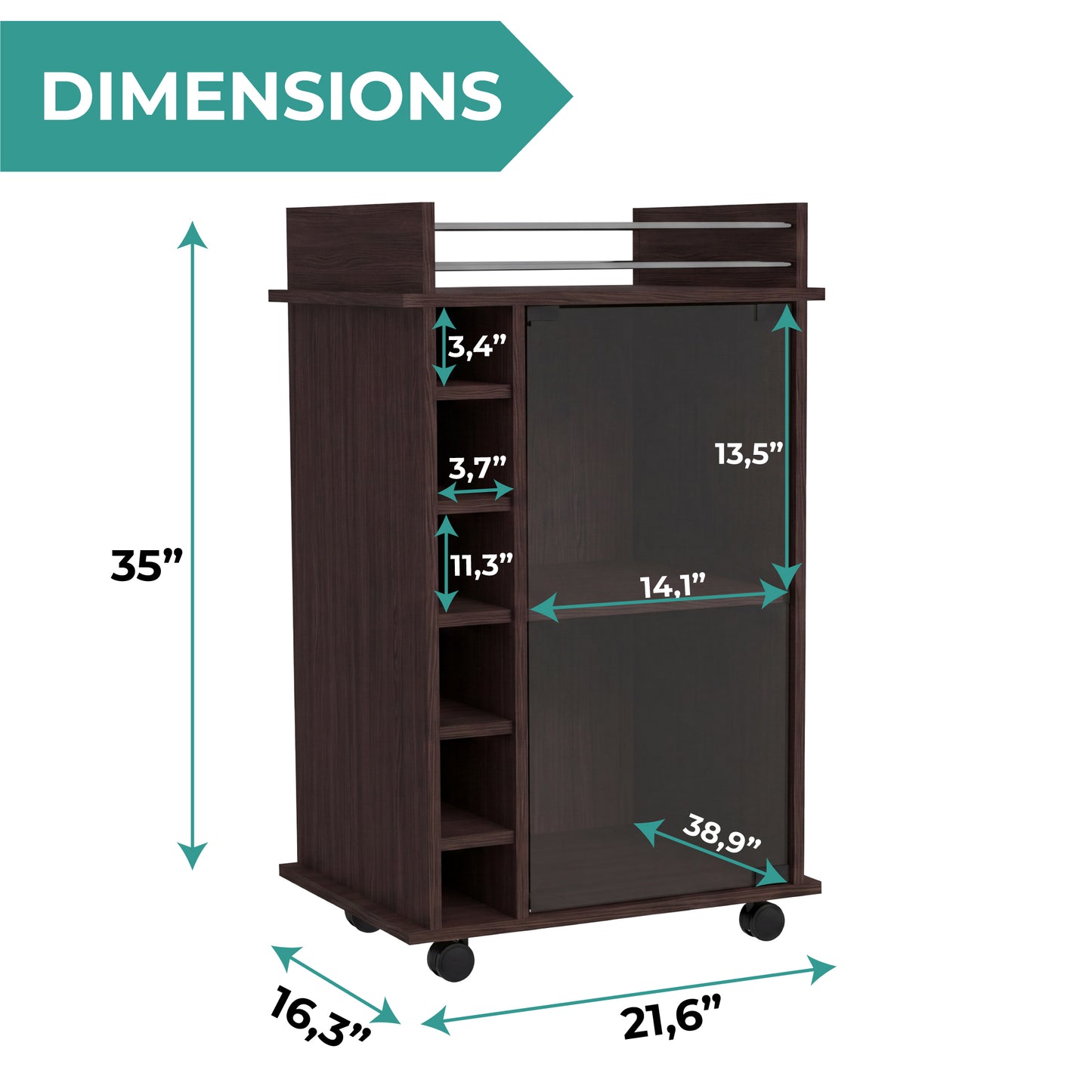 Tuhome Dukat Bar Cart with Two Shelves, Six Built-In Wine Racks, Four Casters, Modern Storage Solution for Kitchen or Dining Room
