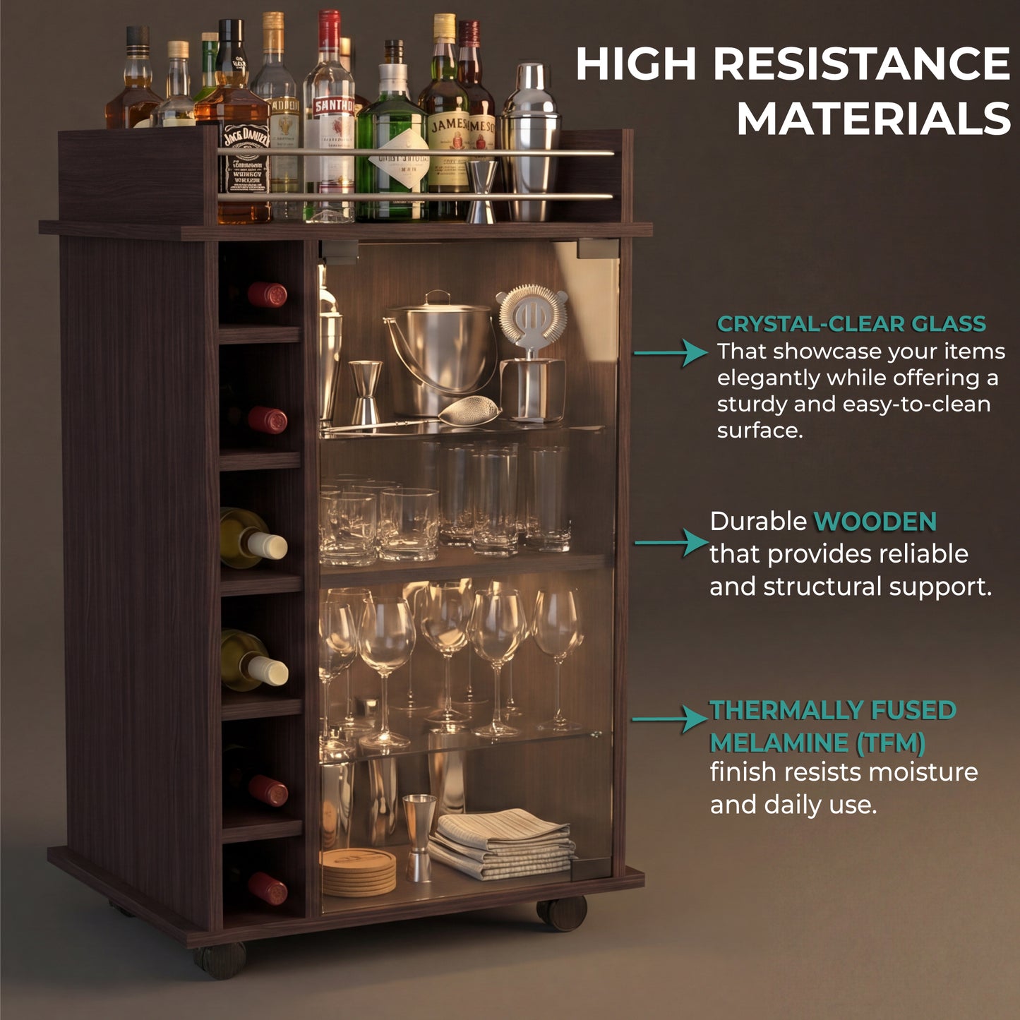 Tuhome Dukat Bar Cart with Two Shelves, Six Built-In Wine Racks, Four Casters, Modern Storage Solution for Kitchen or Dining Room