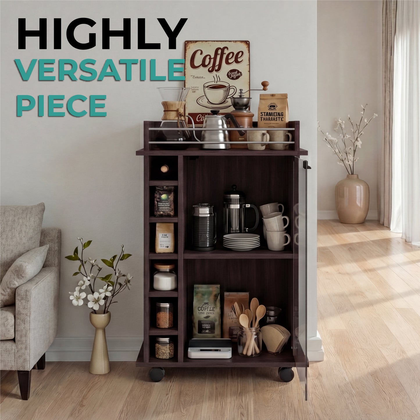 Tuhome Dukat Bar Cart with Two Shelves, Six Built-In Wine Racks, Four Casters, Modern Storage Solution for Kitchen or Dining Room
