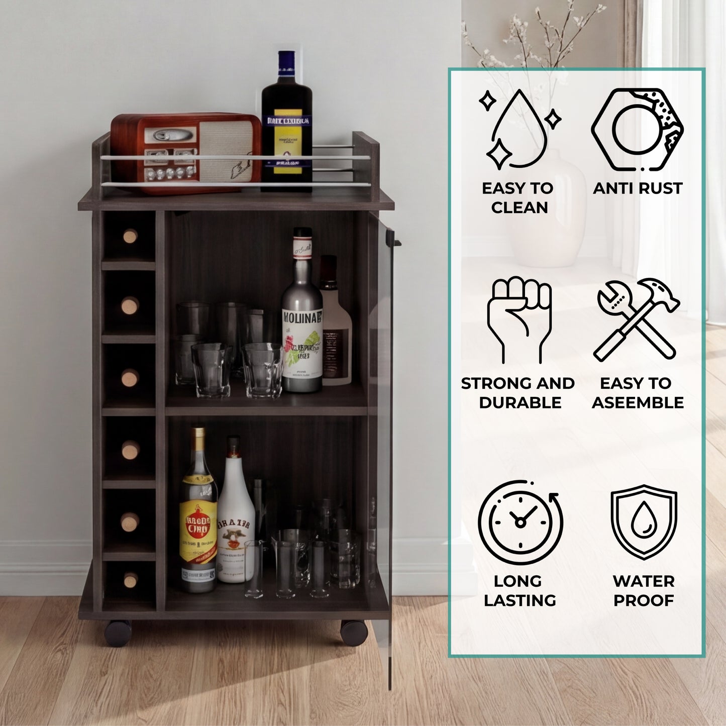 Tuhome Dukat Bar Cart with Two Shelves, Six Built-In Wine Racks, Four Casters, Modern Storage Solution for Kitchen or Dining Room