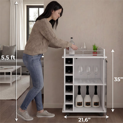 Tuhome Dukat Bar Cart with Two Shelves, Six Built-In Wine Racks, Four Casters, Modern Storage Solution for Kitchen or Dining Room