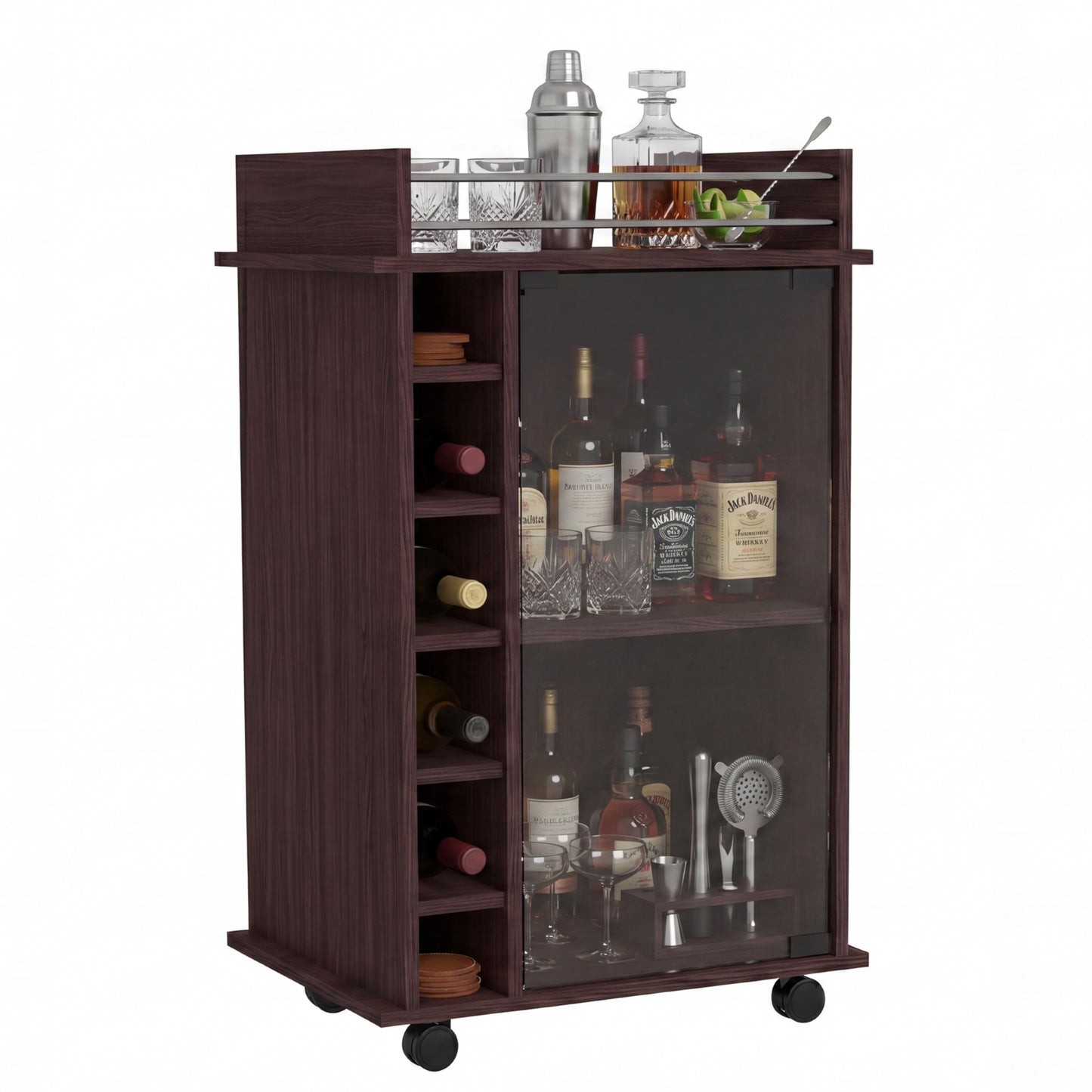 Tuhome Dukat Bar Cart with Two Shelves, Six Built-In Wine Racks, Four Casters, Modern Storage Solution for Kitchen or Dining Room