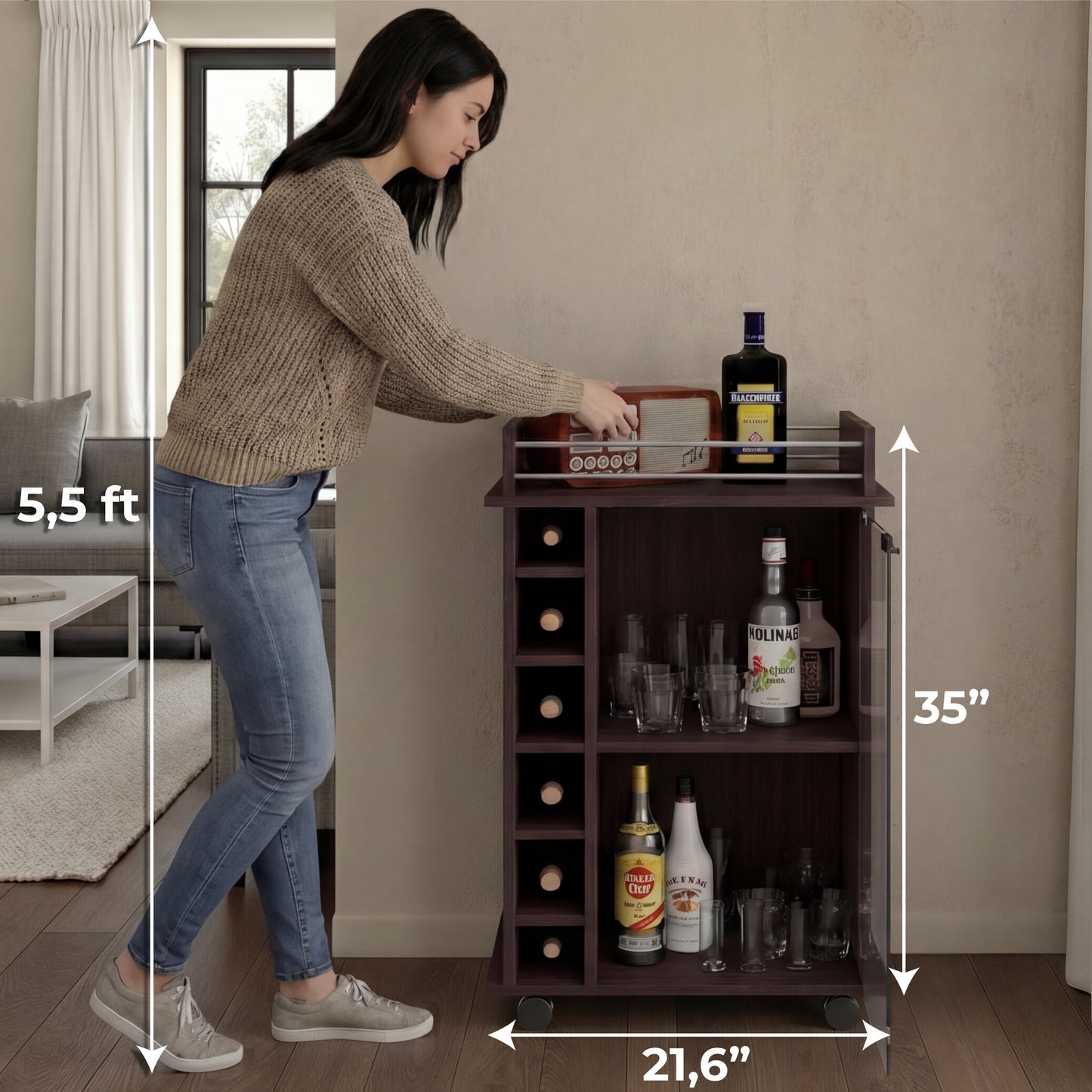 Tuhome Dukat Bar Cart with Two Shelves, Six Built-In Wine Racks, Four Casters, Modern Storage Solution for Kitchen or Dining Room