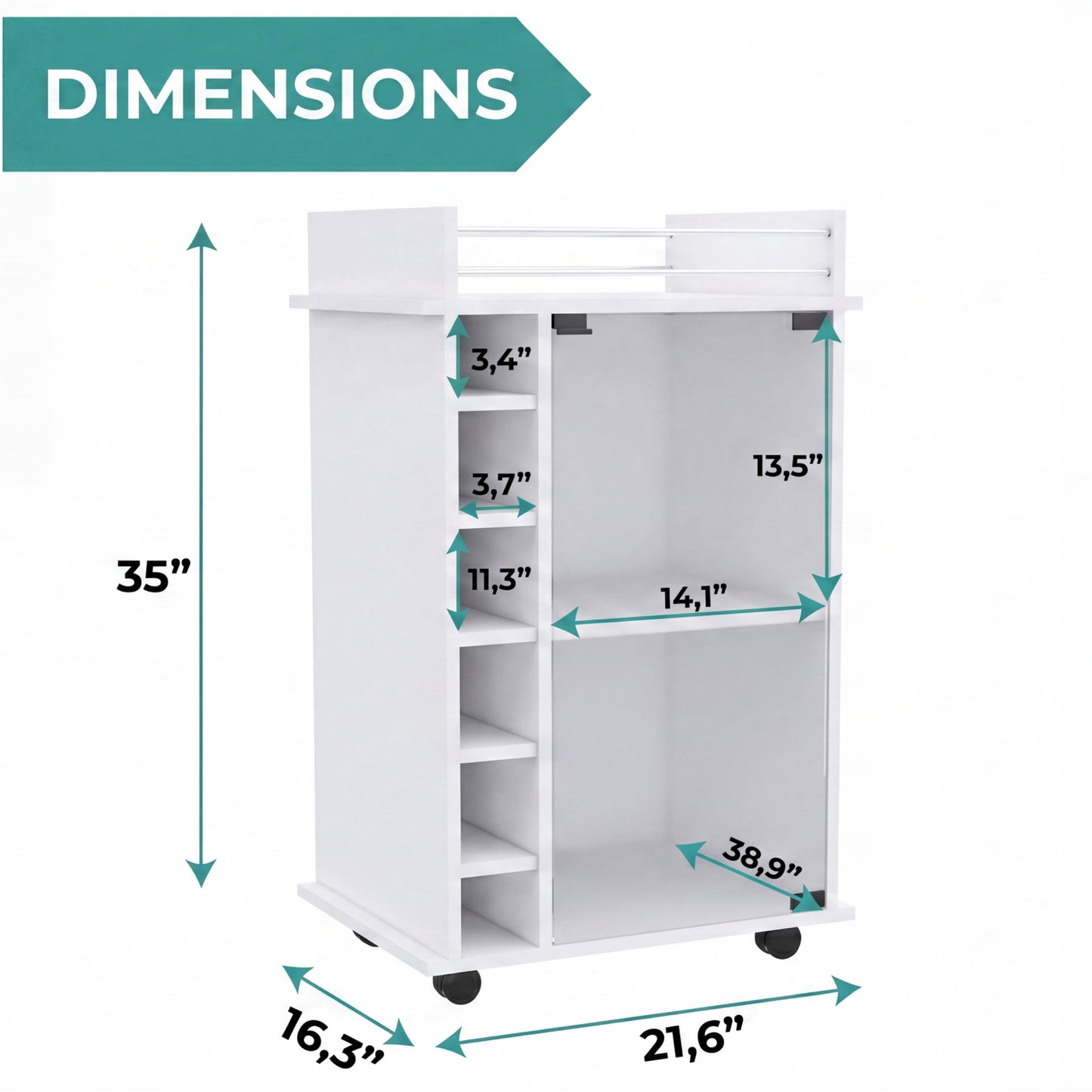 Tuhome Dukat Bar Cart with Two Shelves, Six Built-In Wine Racks, Four Casters, Modern Storage Solution for Kitchen or Dining Room