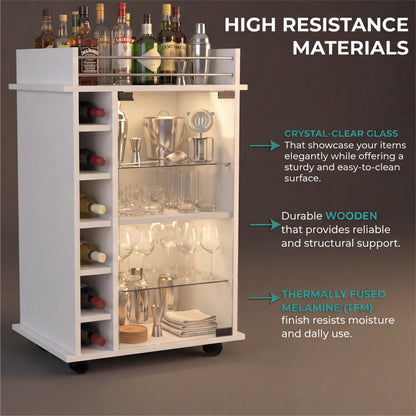 Tuhome Dukat Bar Cart with Two Shelves, Six Built-In Wine Racks, Four Casters, Modern Storage Solution for Kitchen or Dining Room