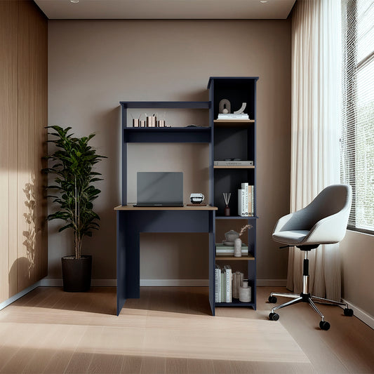 Versalles Writing Desk, Modern Studio or Office Desk, Two Superior Shelves, And Five Side Open Shleves For Books Organization