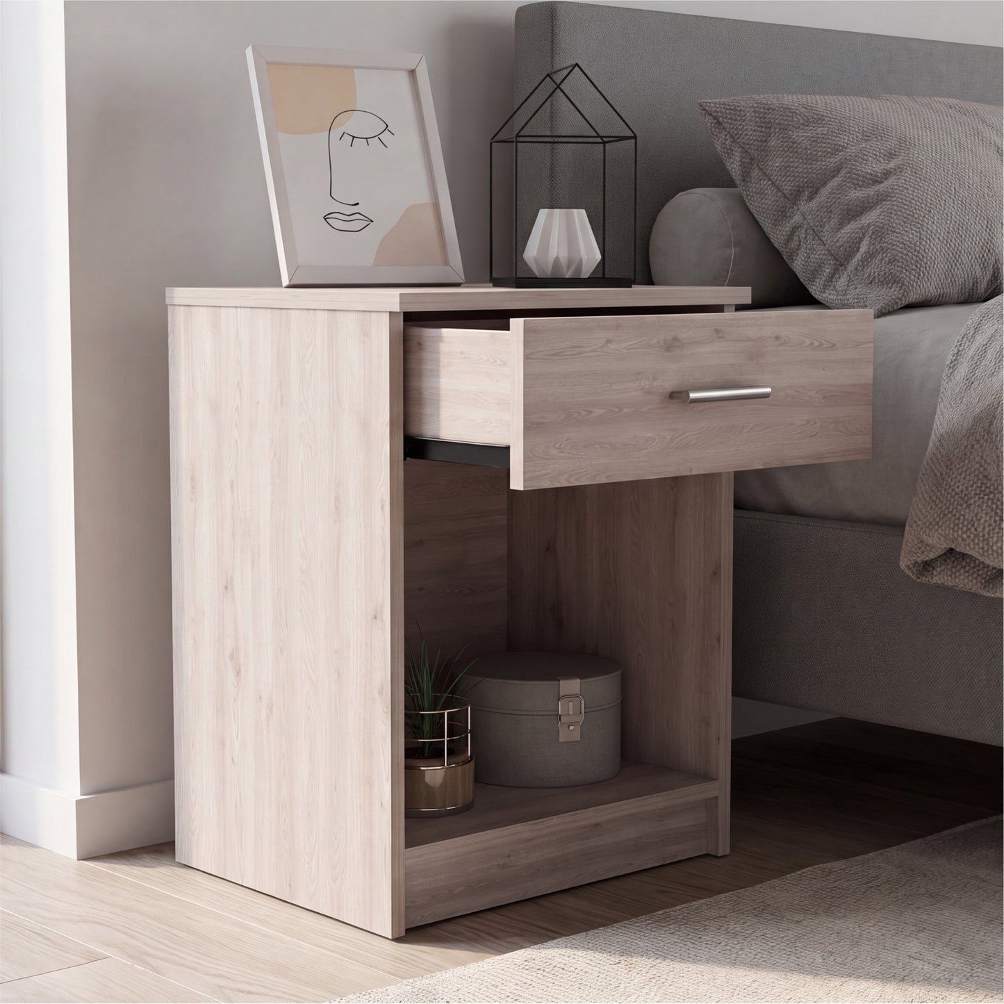 Eco Nightstand with Spacious Superior Top, Open Storage Shelf, Smooth-Glide Drawer and Modern Space-Saving Bedside Design for Organizing Essentials, Books and Daily Items in a Practical and Elegant Bedroom Layout