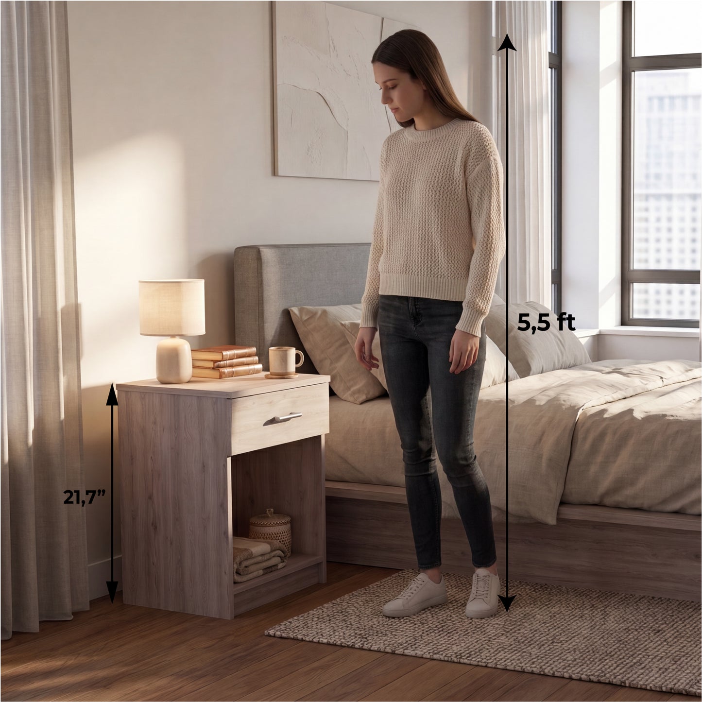 Eco Nightstand with Spacious Superior Top, Open Storage Shelf, Smooth-Glide Drawer and Modern Space-Saving Bedside Design for Organizing Essentials, Books and Daily Items in a Practical and Elegant Bedroom Layout