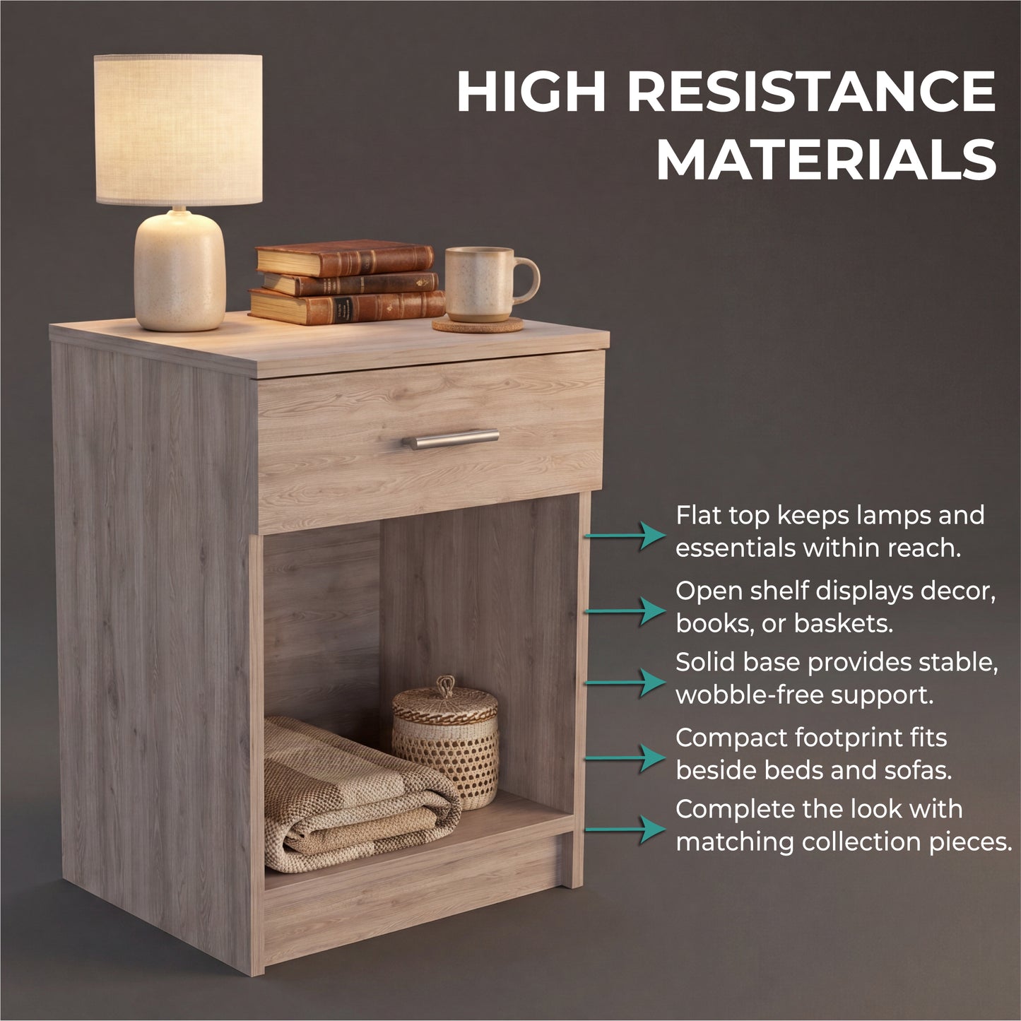 Eco Nightstand with Spacious Superior Top, Open Storage Shelf, Smooth-Glide Drawer and Modern Space-Saving Bedside Design for Organizing Essentials, Books and Daily Items in a Practical and Elegant Bedroom Layout