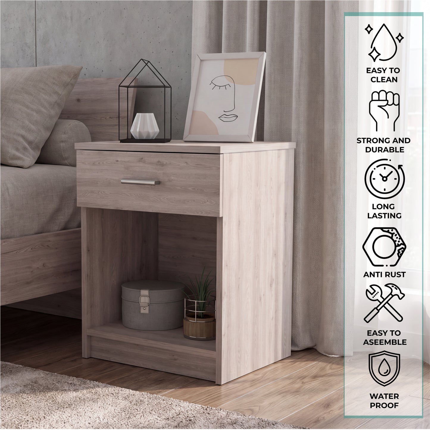 Eco Nightstand with Spacious Superior Top, Open Storage Shelf, Smooth-Glide Drawer and Modern Space-Saving Bedside Design for Organizing Essentials, Books and Daily Items in a Practical and Elegant Bedroom Layout