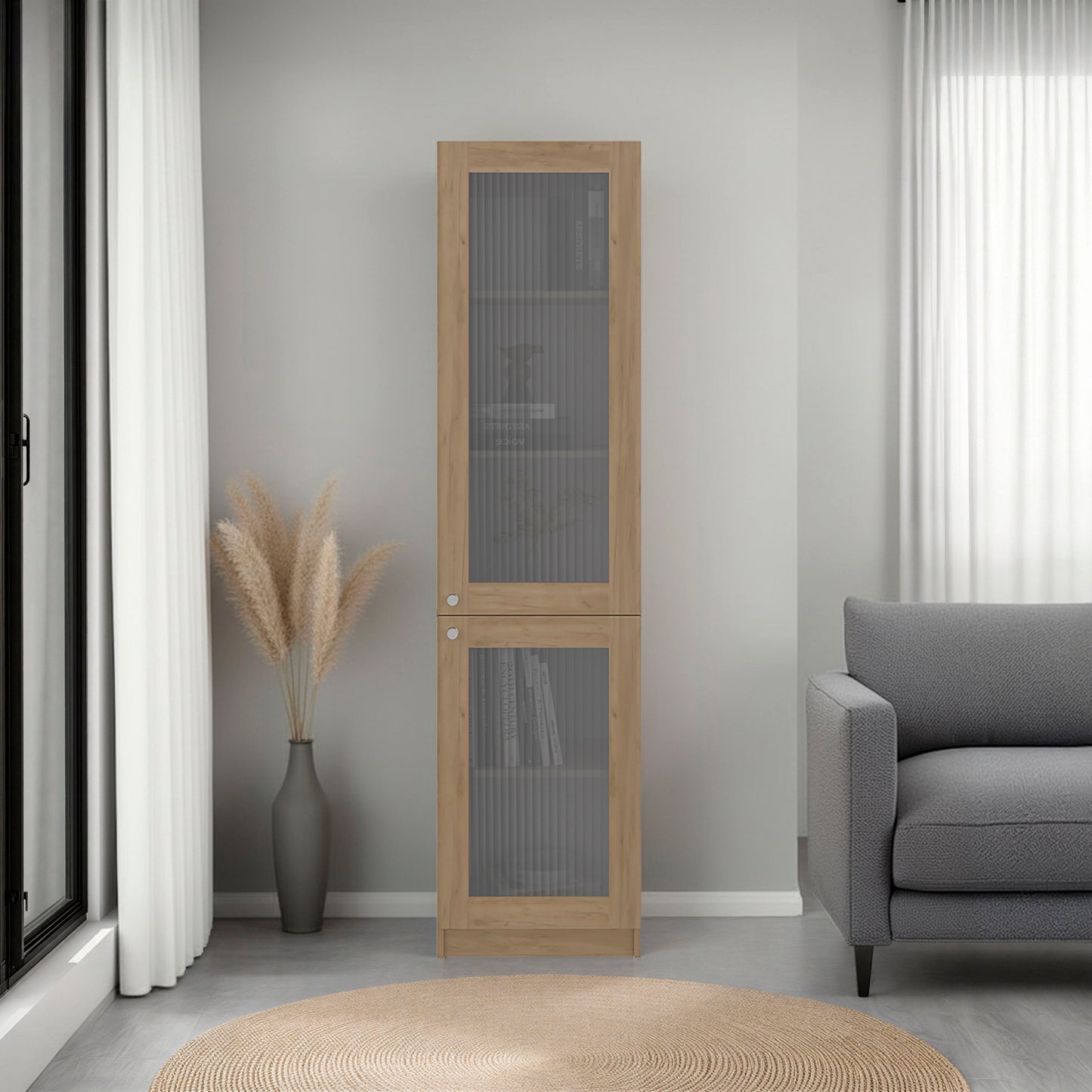 Tall wooden cabinet with glass doors in a living room setting.