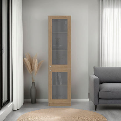 Tall wooden cabinet with glass doors in a living room setting.