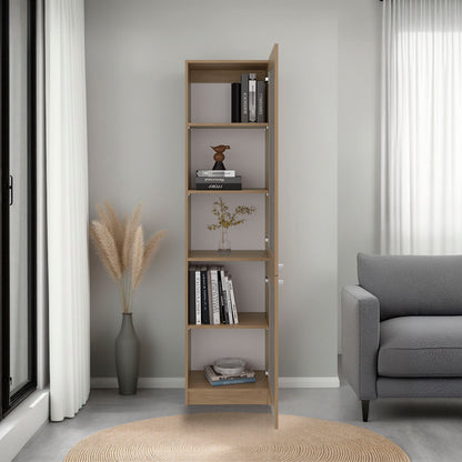 Tall wooden bookshelf with books and decor in a living room setting.