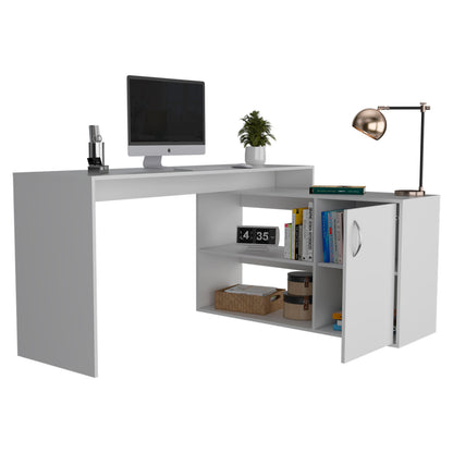 Tuhome Axis Modern L-Shaped Computer Desk with Spacious Work Surface, Open Shelving, Closed Storage Cabinet with Interior Shelves, Contemporary Corner Desk for Home Office Organization and Efficient Work-From-Home Setups