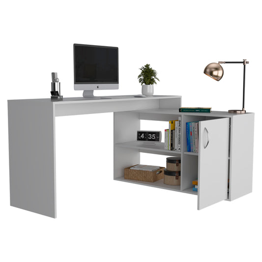 Tuhome Axis Modern L-Shaped Computer Desk with Spacious Work Surface, Open Shelving, Closed Storage Cabinet with Interior Shelves, Contemporary Corner Desk for Home Office Organization and Efficient Work-From-Home Setups