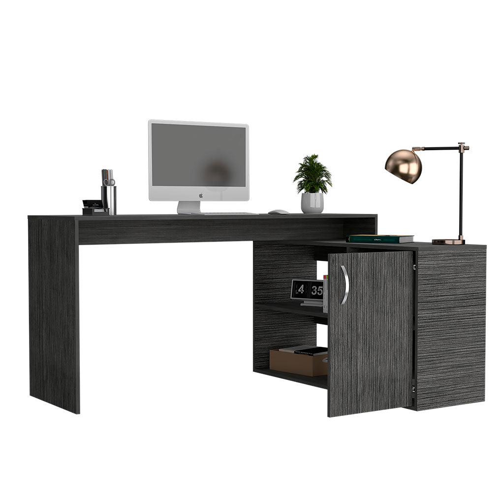 Tuhome Axis Modern L-Shaped Computer Desk with Spacious Work Surface, Open Shelving, Closed Storage Cabinet with Interior Shelves, Contemporary Corner Desk for Home Office Organization and Efficient Work-From-Home Setups
