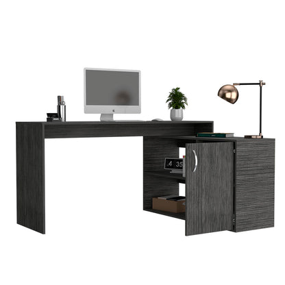 Tuhome Axis Modern L-Shaped Computer Desk with Spacious Work Surface, Open Shelving, Closed Storage Cabinet with Interior Shelves, Contemporary Corner Desk for Home Office Organization and Efficient Work-From-Home Setups