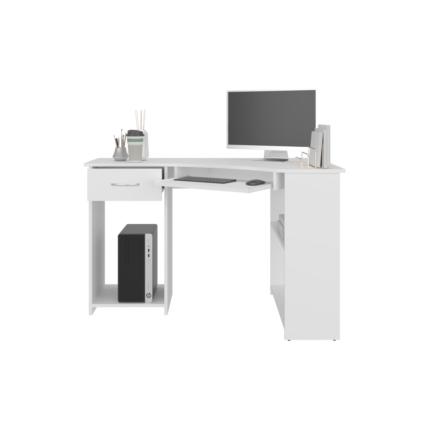 Jasper Corner Desk, Space-Saving L-Shaped Design With Two Side Shelves